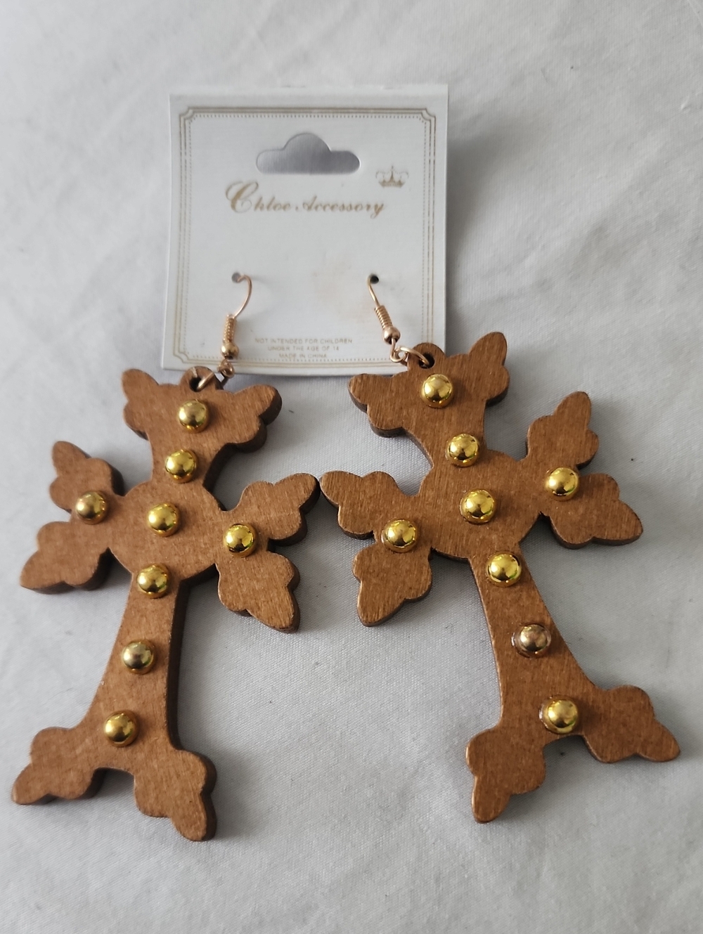 3 for $18 NWT Light Brown Wooden and Gold Studded Cross Earrings